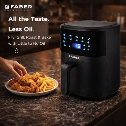 Image of Faber 4Ltr 1300W Digital Air Fryer | Fry, Bake, Roast | 85% Less Oil, 200C Swirl Heating| 360 Rapid Air Technology |10-Preset Menu| Touch Control | Auto Shut-Off |2 Yrs Warranty|Black, FAF CrispX 4.0