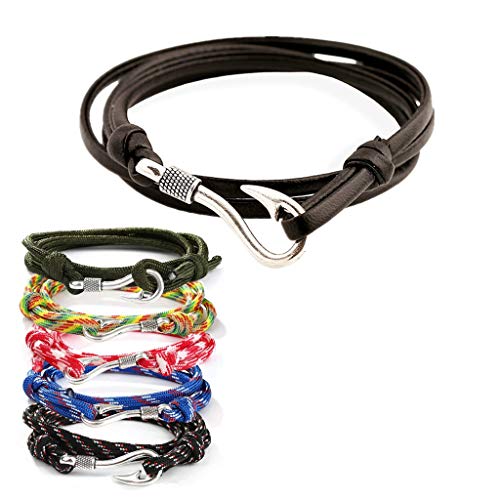 Jbniuay 6PCS Armband Set Geflochtene Armbänder für Männer Frauen Angelhaken Verstellbar Armbänder Navy Seil String Bettelarmband Leder Herren Damen Unisex
