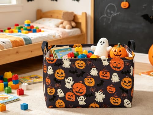 Image of Sanjiaofeng Rectangular Halloween Ghost Storage Basket,Waterproof Foldable Storage Baskets,Trick or Treat Halloween Basket,Halloweens Party Candy Gift Baskets(Happy Pumpkin)