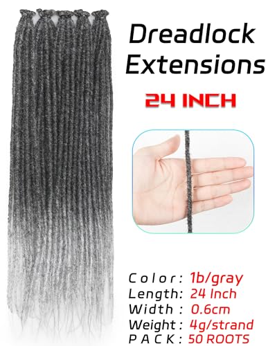 24 Inches Single Ended Dreadlock Extensions for Women(0.6 cm Width,50 Strands,Ombre Gray),Faux Locs Crochet Hair,Soft Synthetic Loc Extensions(24"-5 Packs,1B/Gray)
