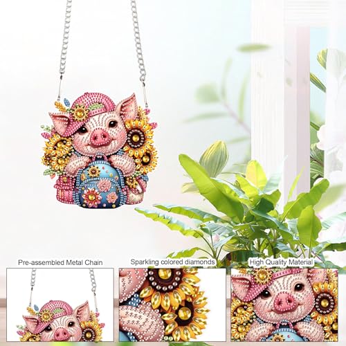 Image of AiYuanzsh 5D DIY Acrylic Special Shaped Diamond Painting Pendant Kit - Sunflower & Pig Design, Hanging Window Ornament for Home Decoration & Gifts