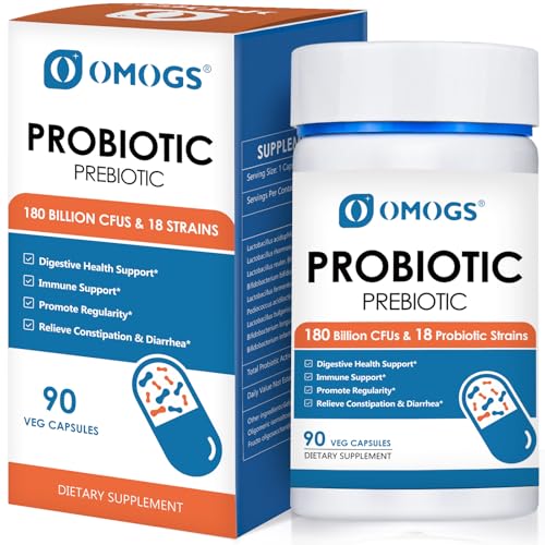 OMOGS Probiotics 180 Billion CFUs 18 Strains, 3 Prebiotics, Helps Digestive, Gut Health, Immune, Supports Occasional Constipation, Diarrhea & Gas - for Women & Men, 90 Capsules