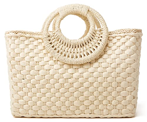 Women Straw Handbag, Large Capacity Woven Handmade Round Handle Hobo Bag, Casual Retro Vacation Beach Bag #TOP4