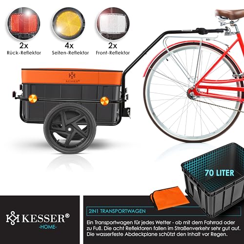 KESSER® Fahrradanhänger, Lastenanhänger, Handwagen mit Kupplung, Hochdeichsel, für Fahrrad Transportanhänger Transportbox mit 70 Liter Volumen, Max. 60kg, + Zubehör für Fahrräder mit 26-28, Orange