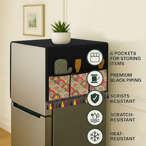 Image of Refrigerator Single Door Waterproof, Dustproof, Tassel Lace Refrigerator Top Cover, Protective Cover for Fridges with Extra Storage Space Nylon Top cover with 6 Storage Pockets ( Flower, 130 x 54 cm )