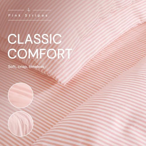 Image of Monbix Full Size Comforter Sets-7 Pieces Soft Bed in a Bag Full Bedding Set | Hot Pink Vertical Ticking Stripe Lightweight All Season Comforter Set with Sheets, Pillowcases & Shams