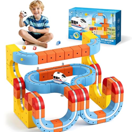 Image of Pampam Magnetic Electric Train Set for Kids 3-9 Years, 150 PCS STEM Building Blocks Race Track Toy, DIY Anti-Gravity, Boys & Girls