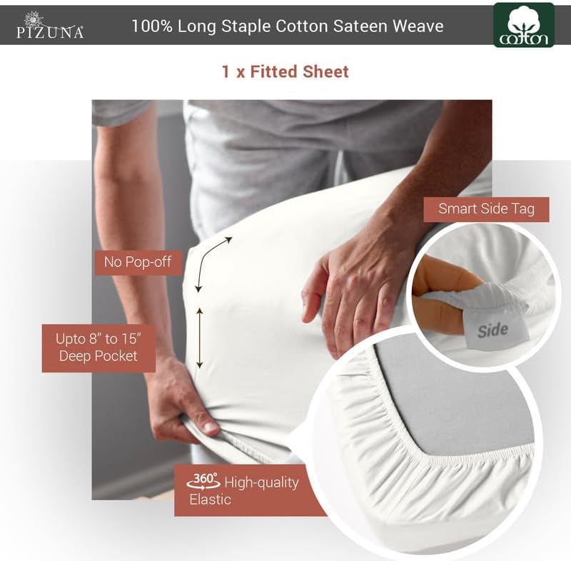 Miniatura 3 de Pizuna Sábana Bajera Ajustada 100% Algodón, Solo Sábana Bajera, Tamaño King, 400 Hilos, Algodón de Fibras Cortas Larga, Tejido de Sáten Lujoso,