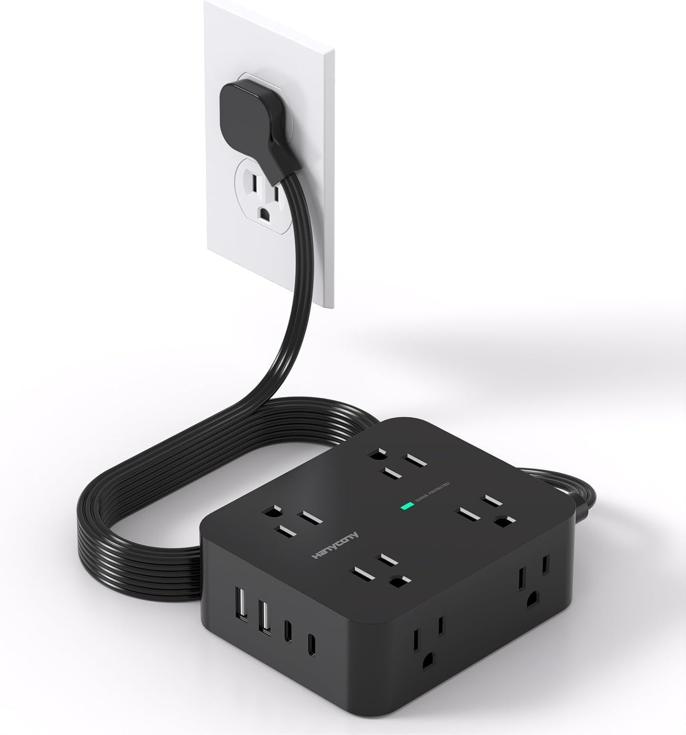 Power Bar Surge Protector, 5 Ft Flat Plug Exetnsion Cord with Multiple Outlets, Power Strip with 4 USB Ports(2 USB C), Wall Mount for Home Office College Dorm Room Essentials, ETI Listed, Black