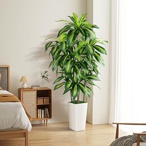 Artificial Dracaena Tree Indoor, 5FT Tall Fake Tree with White Tall Planter, Artificial Tree Fake Yucca Potted Tree for Home Office Living Room Decor，Tall Artificial Plant for Housewarming