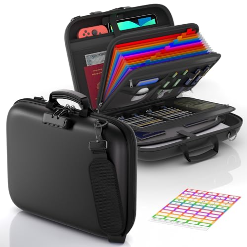 Image of Nacial Fireproof Document Box with Lock & Shoulder Strap, Hard-Shell Fireproof File Organizer with 13 Pocket Accordion File Folder, Portable Safe Storage for Important Documents, Laptop, Black