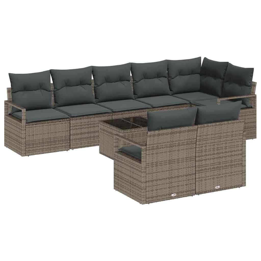 Set di 9 divani da giardino con cuscini e tavolo, in polyrattan