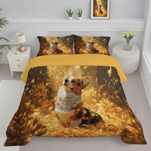 ANALTIRCE Trapunta Matrimoniale Per Bambini Con Stampa Corgi Realistico, Trapunta 4 Stagioni, Autunno Sole Foglie Cadute, Piumone Oro, 200x200cm Letto Trapuntato + 2 Federa, Reversibile Piumino