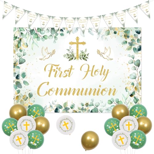 Jollyboom First Holy Communion Decorations Sage Green First Holy Communion Backdrop Bunting Banner Green White Gold Communion Balloons Confirmation Decor for First Communion Christening