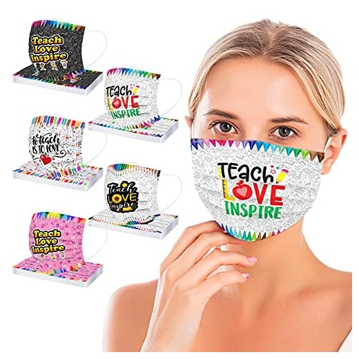 Lopty 50PC Teacher Printed Disposable Face_masks with Designs Teacher_masks for Women Cute Colored Breathable Paper_mask for Adults, Mixed #3
