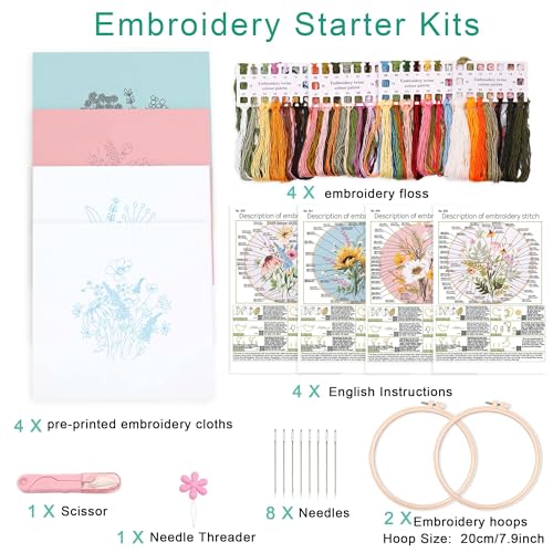 Image of Harimau Adult Beginner Embroidery Starter Kit, Complete Set with 4 Patterns, 2 Hoops, Needles, Scissors, Instruction Guide & Stitching Video Tutorials