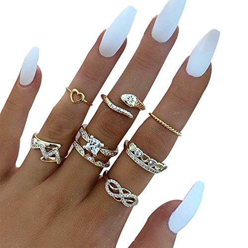 Belicey Boho Knuckle Ring Set Gold Rhinestone Stacking Rings Crystal Midi Finger Rings Sets for Women Teen Girls 8PCS