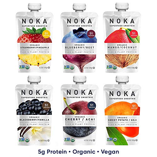 NOKA Superfood Smoothie Pouches 12 Pack (Variety) | 100% Organic Healthy Fruit And Veggie Squeeze Snack Packs | Meal Replacement | Non GMO, Gluten Free, Vegan, 5g Plant Protein | 4.2oz Each