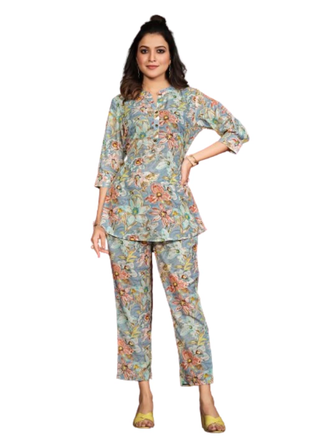 Nainvish Women's Polyester Printed Straight V-Neck Co-Ord Top & Pant Set (Sd598_Kb-Xl_Blue Greyish)