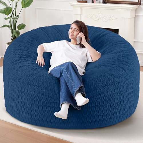 Image of 6FT Bean Bag Chair,Giant Bean Bag Chairs for Adults,Big Bean Bags with Memory Foam Filled, Large Beanbag Chairs with Chevron Plush Cover-Blue