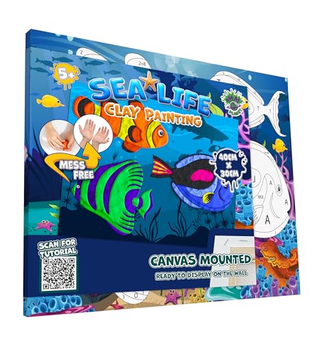 Splat Planet Kit de peinture à l'argile sur le thème de la vie marine, sans dégâts, argile autodurcissante, toile 3D sensorielle, activité créative et ludique pour enfants, pré-encadrée 40x30cm