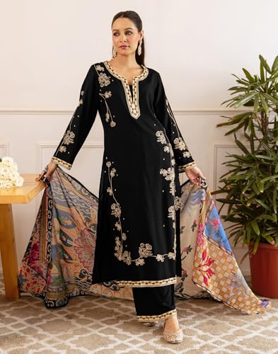 Image of Skylee Women's Rayon Embroidered Straight Kurta with Pant & Dupatta
