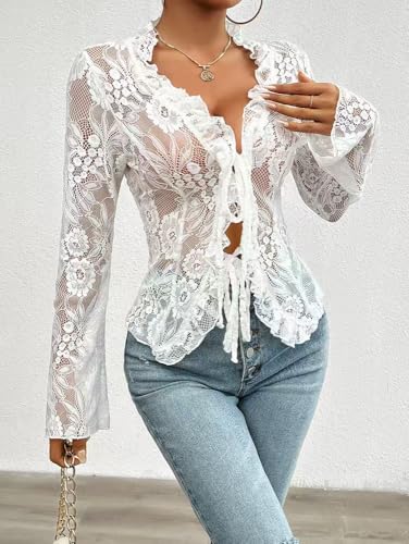 Women's V Neck Lace Sheer Top Sexy Mesh See Through Shirts Open Front Tie Long Sleeve Blouses Y2k Going Out Tops3