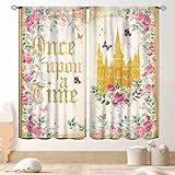 Princess Curtains for Girls Bedroom, Once Upon a Time Magic Gold Castle Romantic Pink Watercoror Floral Fairy Dreaming Window Drapery Treatments for Living Room Home Bathroom 2 Panels, 42'x45' Inch
