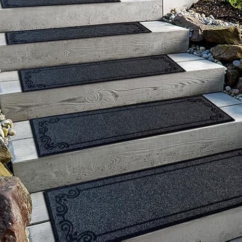 Aucuda 6pcs 8.5" x 30" Stair Treads for Elders and Dogs on Wooden Steps Indoor, Winter, Non Slip Stair Runner Rug Ice Insulation with Rubber Backing, Floral Staircase Mat Carpet for Outdoor Grip. Cover