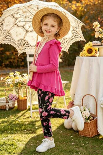 Image of Arshiner Toddler Girl Clothes Ruffle Trim Long Sleeve Pullover Top and Floral Print Leggings Fall Outfits Kids Clothing Sets