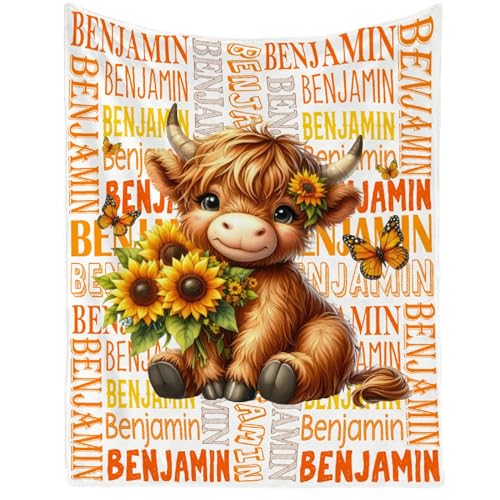 Image of Cute Highland Cow Name Blanket, Custom Highland Cow Name Gifts for Boys Girls,Soft Flannel Animal Throw Blanket,40 inchx50 inch for Kids