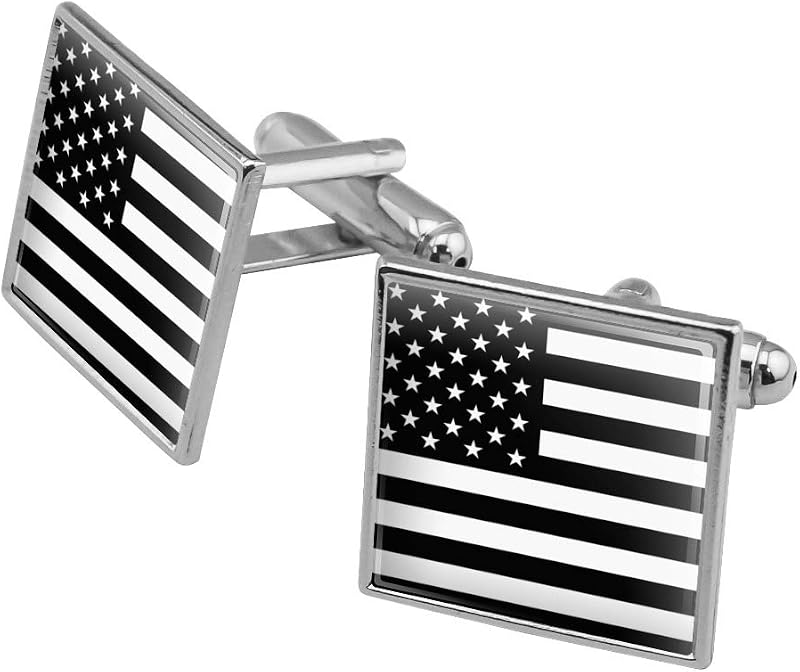 Subdued American USA Flag Black White Military Tactical Square Cufflink Set - Silver or Gold