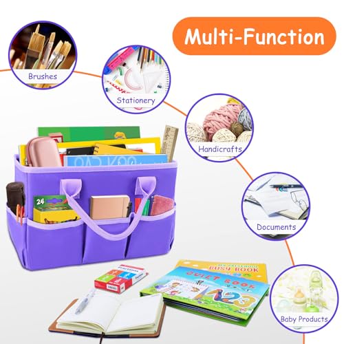 Image of ZKOO Craft Organizer Tote Bag, Portable Art Supply Storage Caddy with 6 Pockets & Removable Divider, Multi-Purpose Teacher Bag for Sewing, Scrapbooking, Office & Travel - Purple, Small