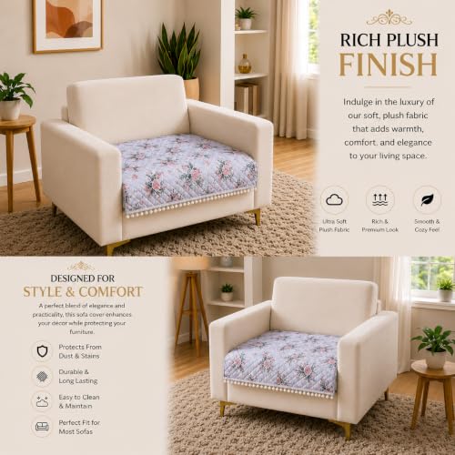Image of Homerz Premium Printed Quilted Velvet Sofa Slip Cover Protector with Tassels, Sofa Mat, Exact Size, Antislip Cover (Grey Autumn, 1 Seater, Half)