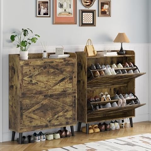 OtterOasis Shoe Storage Cabinet with 2 Flip Drawers, Farmhouse Narrow Shoe Cabinet Storage for Entryway, Hidden Slim Shoe Storage with Wood Legs, Rustic Brown, 2Pcs Cover