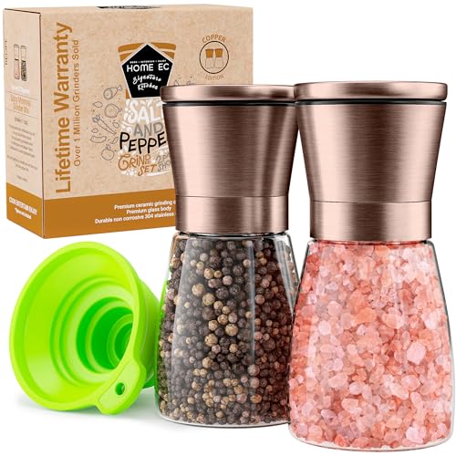 Image of Home EC Original Copper Salt and Pepper Grinder Set of 2 - Adjustable Ceramic Grinder - Glass Salt and Pepper Shakers With Funnel and Ebook - Kitchen Spice Mill - Copper Kitchen Accessories