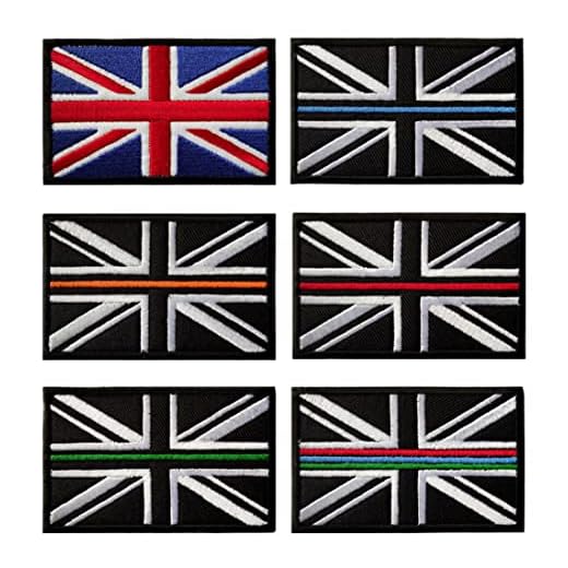Zcketo 6 Pack Tactical Thin Blue Line UK Flag Patch Military Great Britain Embroidered Applique British Union Jack Hook and Looped National Emblem Badge for Clothes Bags Backpack Vest