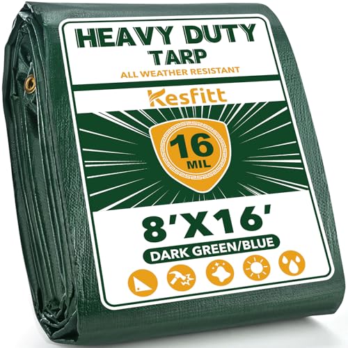 Image of Kesfitt 16 Mil Heavy Duty Waterproof Tarp with Metal Grommets, Dark Green & Blue Reversible Poly Tarp, 8x16 ft, for Outdoor Protection, Yard, Garden, Farm, Camping & Equipment Coverage