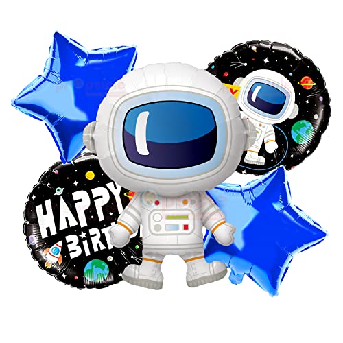 Image of Propsicle Astronaut Space Theme Foil Balloon Set with Blue Star and Round Happy Birthday Balloons for Kids Birthday Decoration Pack of 5, Air & Helium Support