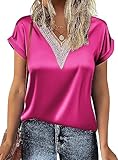 GZ-LAOPAITOU Women's Satin Short Sleeve Shirt Guipure Lace Deep V Neck Silk Shirt Causal Blouse Top Rose