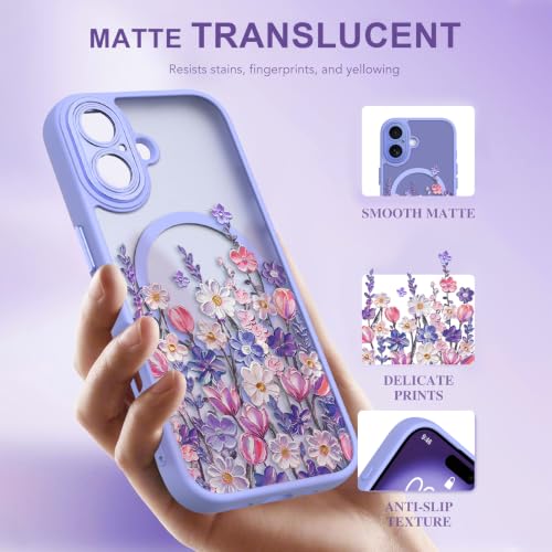 Image of Magnetic for iPhone 16 Case with for Women Girls, Purple Floral | Cute Oil Painting Flower Pattern Design [Compatible with MagSafe] [Full Camera Protection] Translucent Slim Shockproof Cover