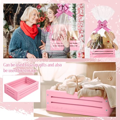 Image of Wonderjune Wooden Baskets for Back to School Gifts Empty Wood Basket with Cellophane Bag Ribbon Greeting Card for Birthday Baby Shower Wedding Housewarming Gifts Packaging(Pink,Small)