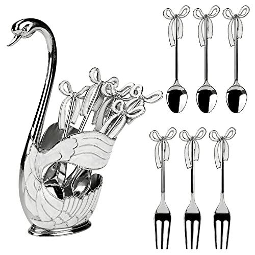 LINGSFIRE Coffee Dessert Spoons Set, Swan Base Holder Coffee Spoons Set with 3 Forks and 3 Spoons Creative Metal Coffee Dessert Spoon Set for Coffee Dessert Ice Cream Use Great Gift (Silver)