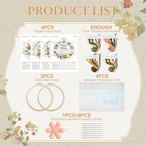 Image of ElasignShopo 4 Set Embroidery Kit for Beginners Adults Book Lovers Embroidery Starter Kit Books Flowers Pattern Hand Crewel Cross Stitch Kits Includes Instruction 2 Hoops Color Threads Needles