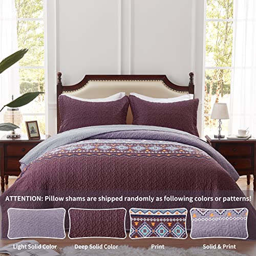 LEAONME Quilt Set Full/Queen Size 3 Piece Bedspread Coverlet Lightweight Comforter Microfiber Reversible Bedding Set All Season Oversized 90x98 Inch Bed Cover Bohemian Purple(1 Quilt,2 Pillow Shams)