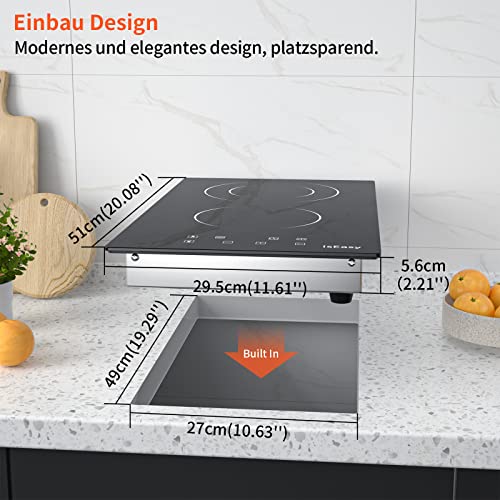 Glaskeramikkochfeld, IsEasy Doppel Vorlauf, 3200W, Kochfelder mit Doppelte Kochzonen, Stecker, Einbaus Cerankochfeld, 9 Heizstufen, Touch-Steuerung, 1-99Min Timer – Bild 8