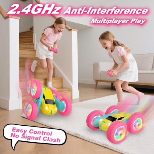 Image of Remote Control Car, RC Cars for Girls, Double-Sided 4WD Stunt Car with RGB Lights & 360 Flips, USB-C Modular Batteries, Toys for Ages 5-7, Birthday Gift for 6+ Year Old Girl, Yellow-Pink