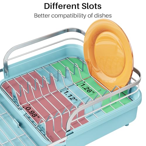 Image of SNTD Dish Drying Rack, Expandable Dish Rack for Kitchen Counter, Stainless Steel Dish Drainer with Drainboard Set and Utensil Holder (Blue)
