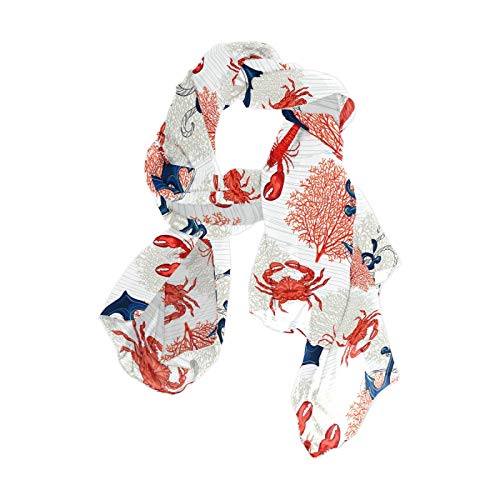 Navy Blue Red Lobster Corals Reef Seamless On White Women Long Silk Scarf, Shawl Chiffon Large Stole Headscarf, Lightweight Sunscreen Satin Scarves Wraps for Wedding Party Gift