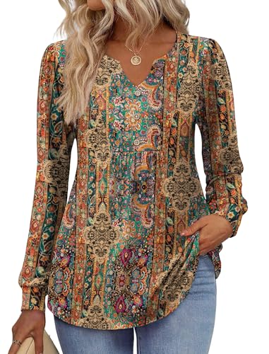 Zeagoo Long Sleeve Shirts for Women 2025 Casual Pleated V Neck Fall Tunic Tops Button Down Blouse Dressy Loose T-Shirts2